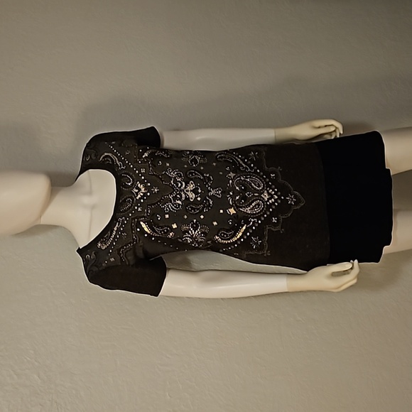 MISS ME Black Floral Paisley Bedazzled Metallic Mesh Short Sleeve Goth Tee - Picture 2 of 8